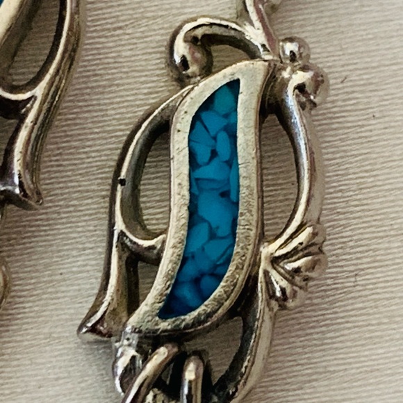 Native American Turquoise and Sterling Drop Feather Charm Earrings Wheeler Mark - Picture 2 of 5